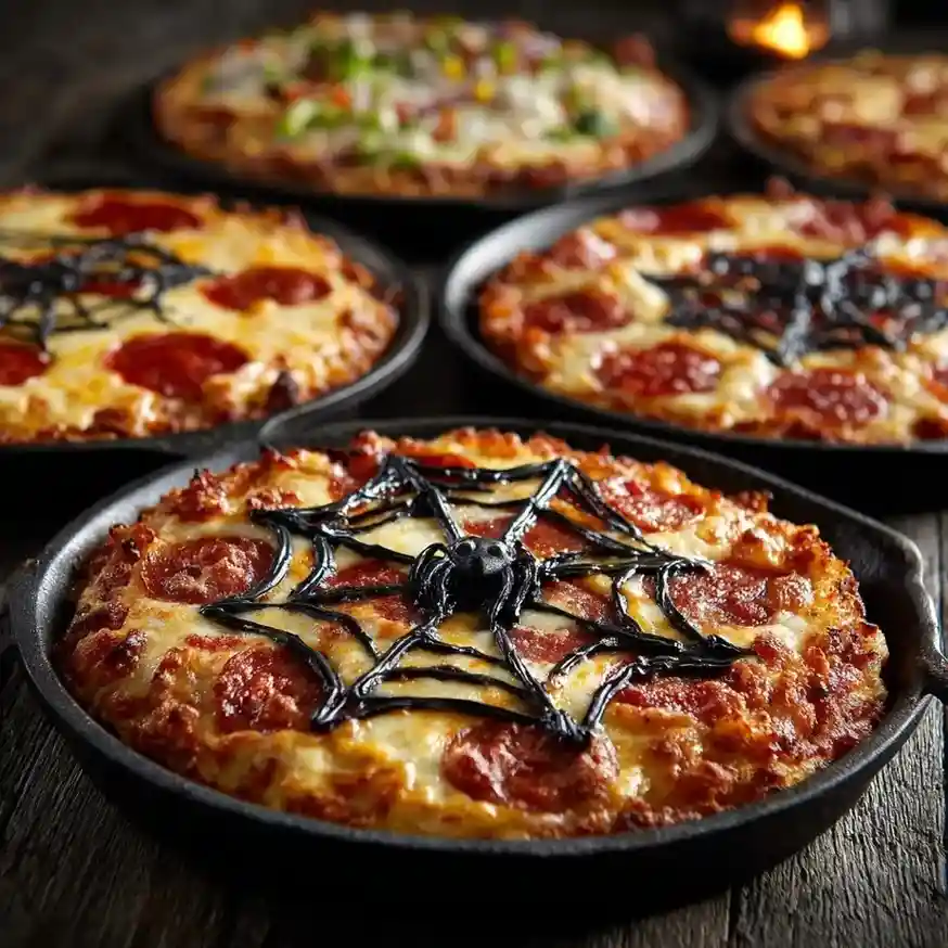 Mini Halloween pizzas with spooky designs like spider webs, Jack-o’-lantern faces, and skeleton smiles made from cheese and olives.