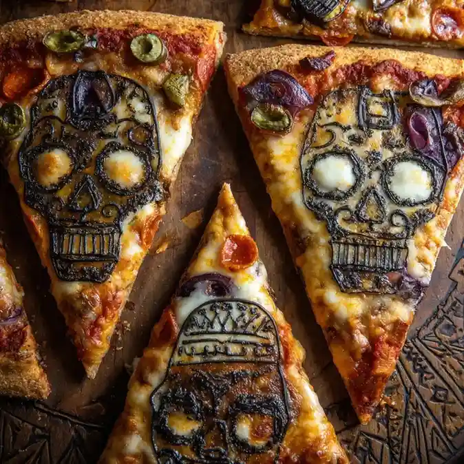 Close-up of a Halloween pepperoni pizza topped with a black spider web design made from edible decorations.