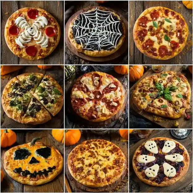 Mini Halloween pizzas with spooky designs like spider webs, Jack-o’-lantern faces, and skeleton smiles made from cheese and olives.
