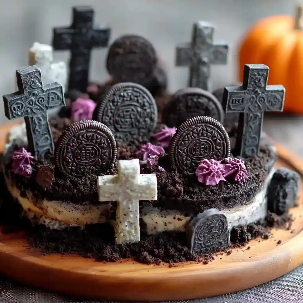 Oreo dirt cake recipe decorated with cookie crosses, tombstones, and purple frosting accents.