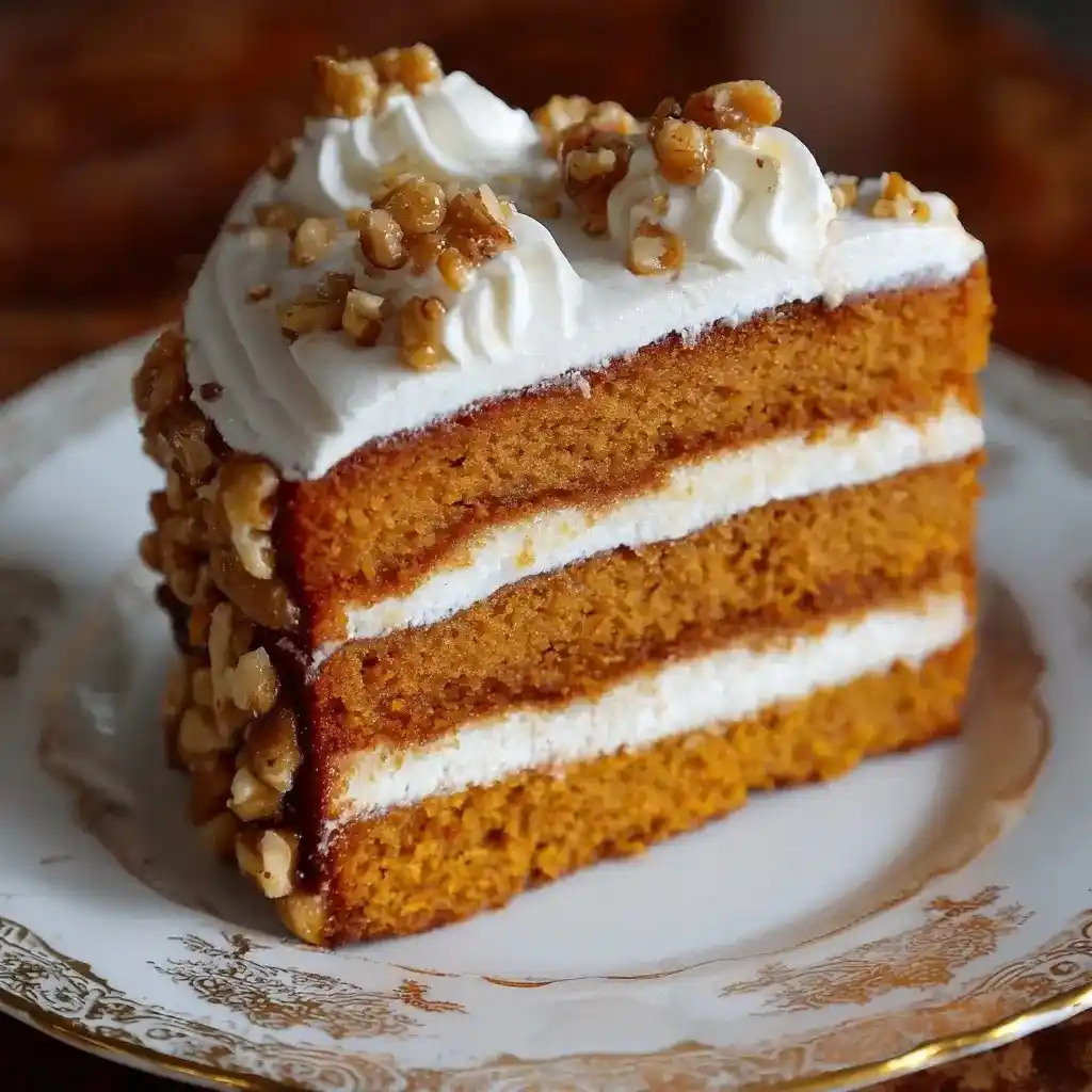 Slice of layered sweet potato pound cake with cream cheese frosting and chopped walnuts.