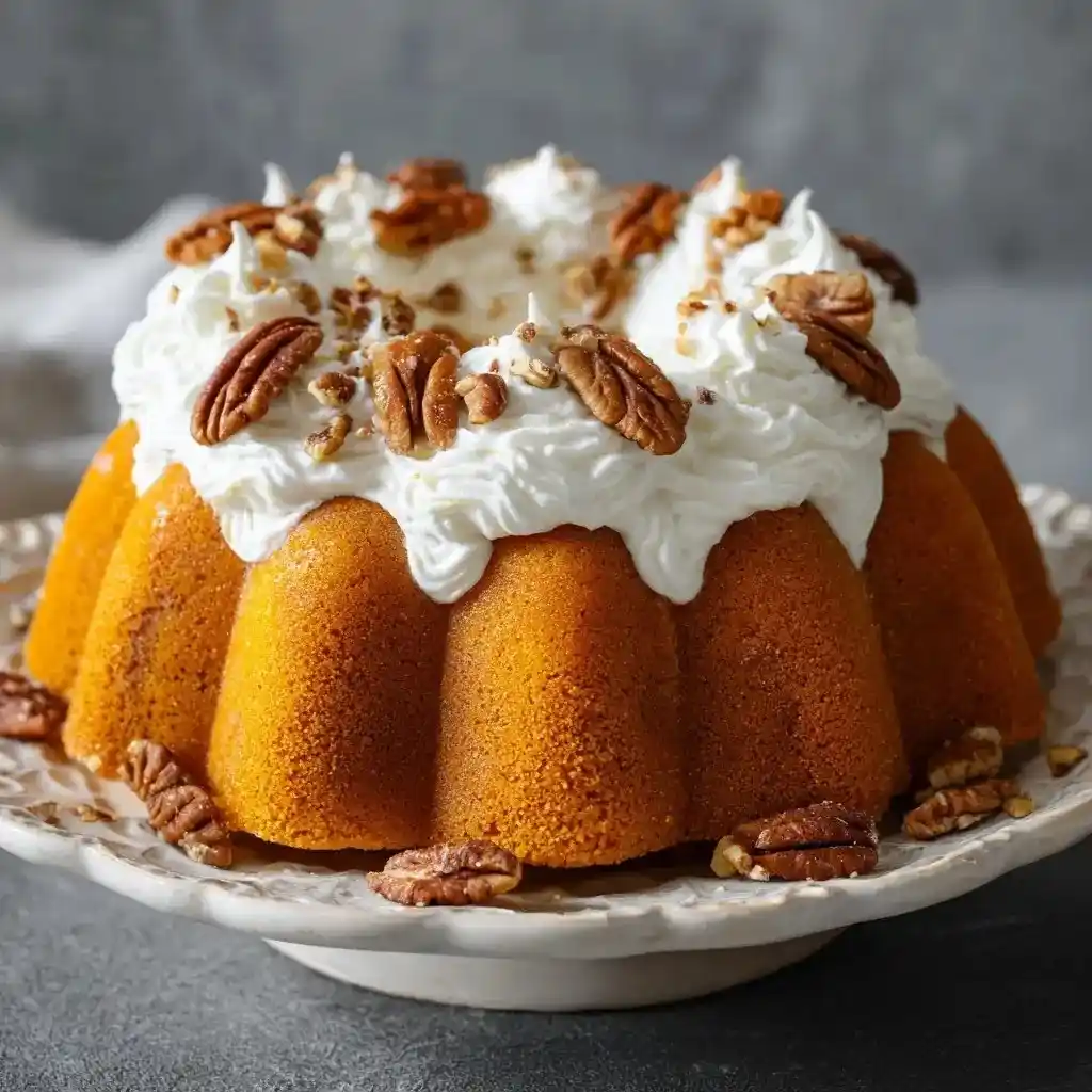 Bundt-style sweet potato pound cake topped with whipped cream frosting and pecans.