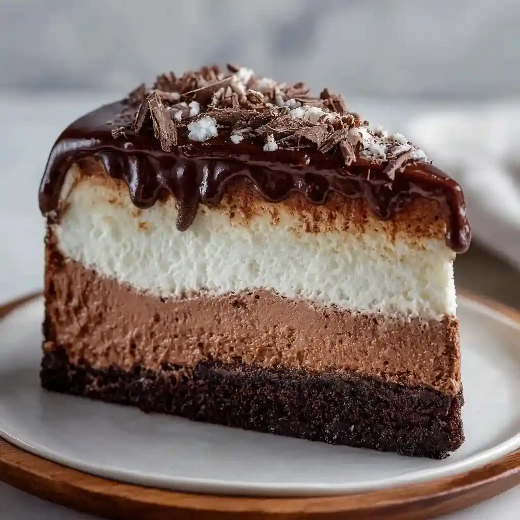 Thick slice of triple chocolate mousse cake with chocolate shavings and glossy ganache topping.