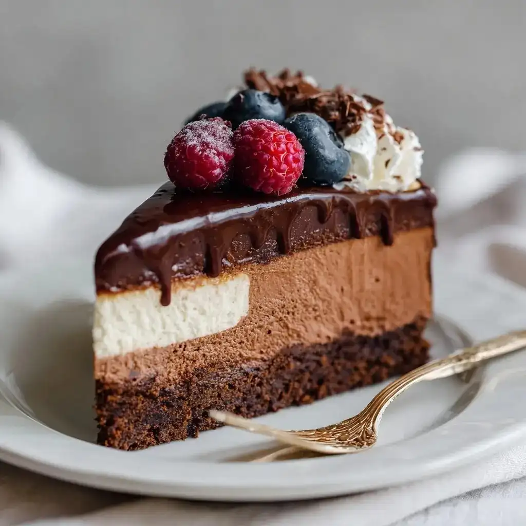 Triple chocolate mousse cake slice topped with raspberries, blueberries, and whipped cream on a white plate.