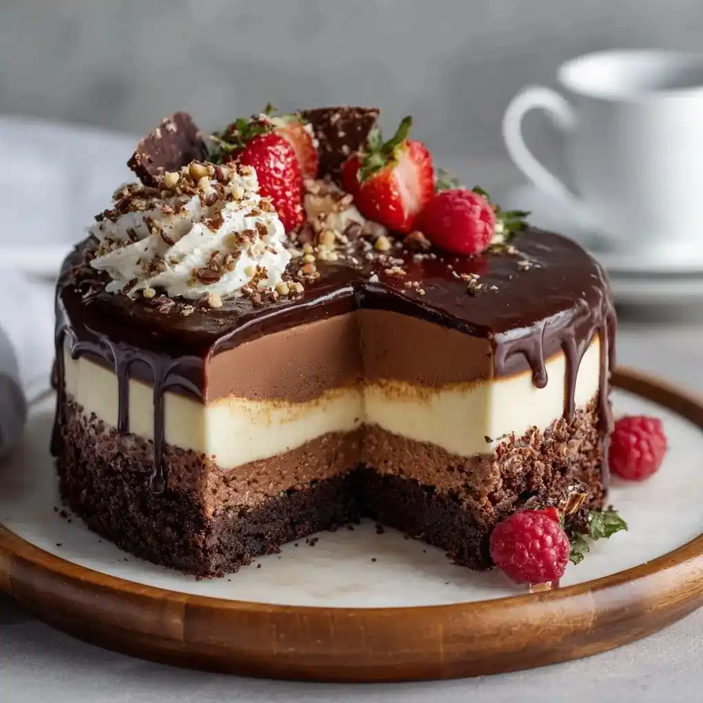 Whole triple chocolate mousse cake topped with whipped cream, strawberries, and raspberries on a wooden cake stand.