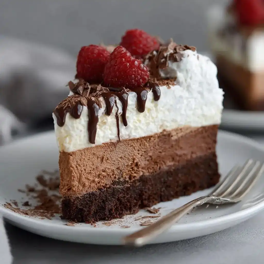 Slice of triple chocolate mousse cake topped with fresh raspberries and drizzled chocolate on a white plate.