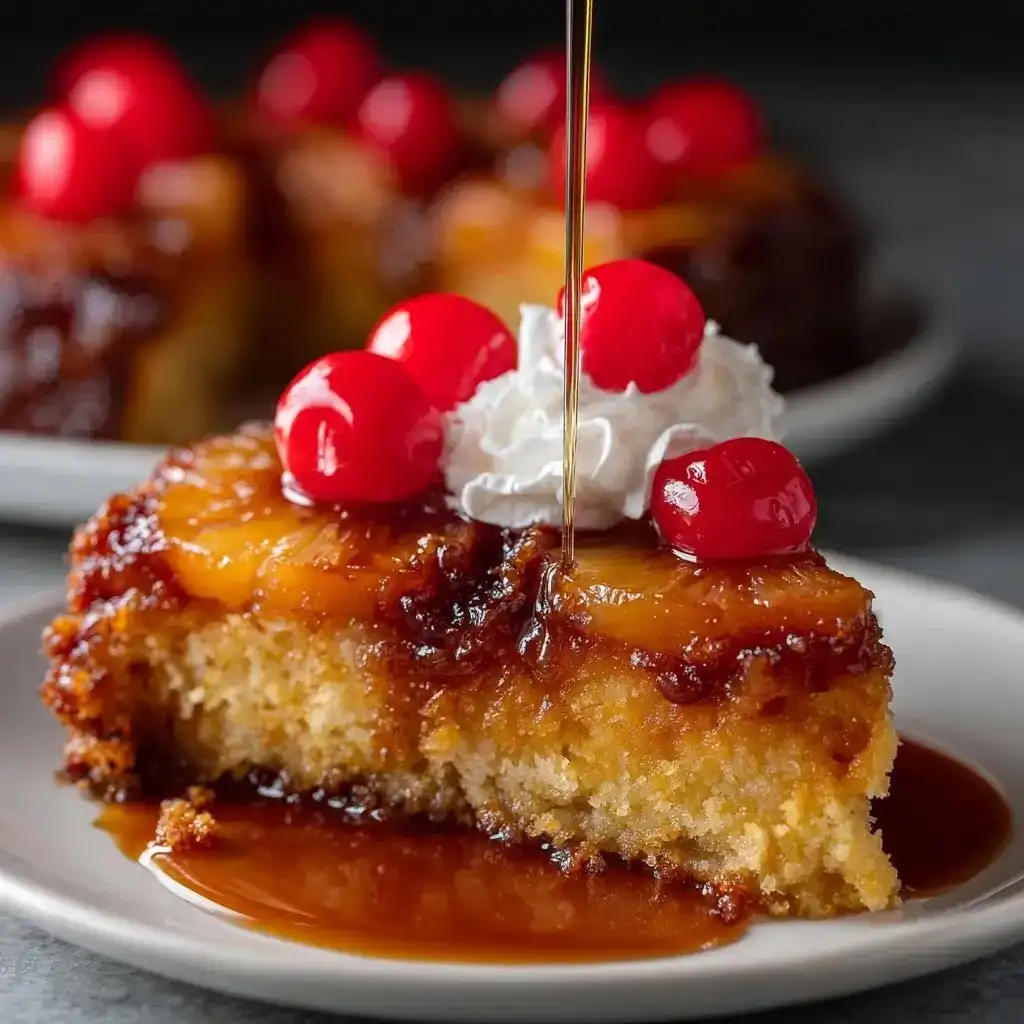 Slice of pineapple upside down cake topped with cherries and whipped cream, drizzled with caramel sauce on a white plate.