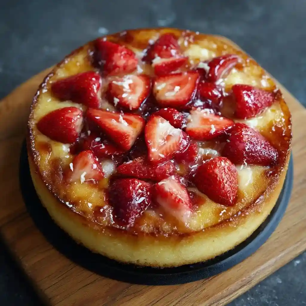 Freshly baked strawberry upside down cake on a wooden board, topped with glazed strawberries and a golden crust.