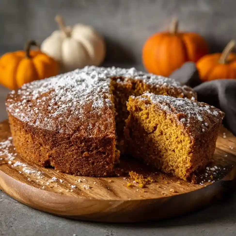 Round vegan pumpkin cake dusted with powdered sugar, surrounded by mini pumpkins on a rustic wooden board.