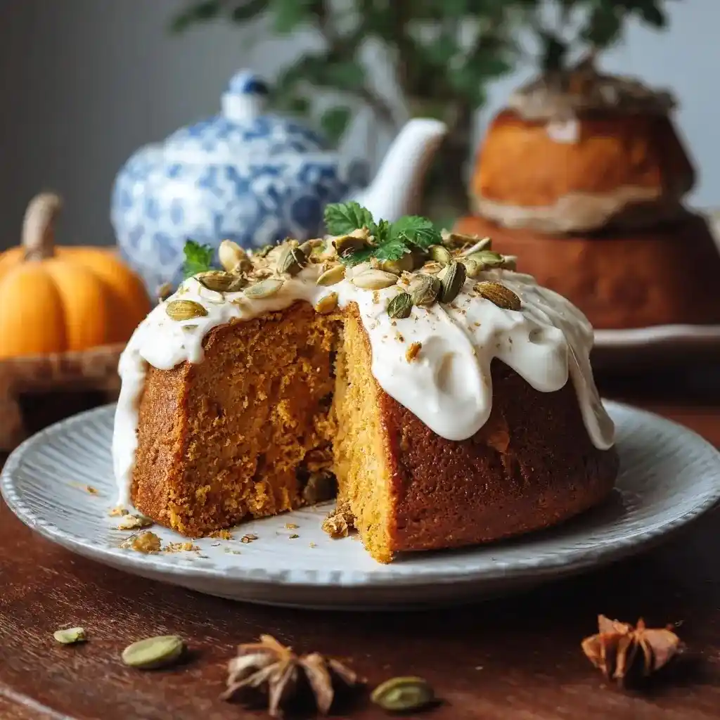 Vegan pumpkin cake topped with cream cheese frosting, pumpkin seeds, and herbs, served on a plate with a teapot in the background.
