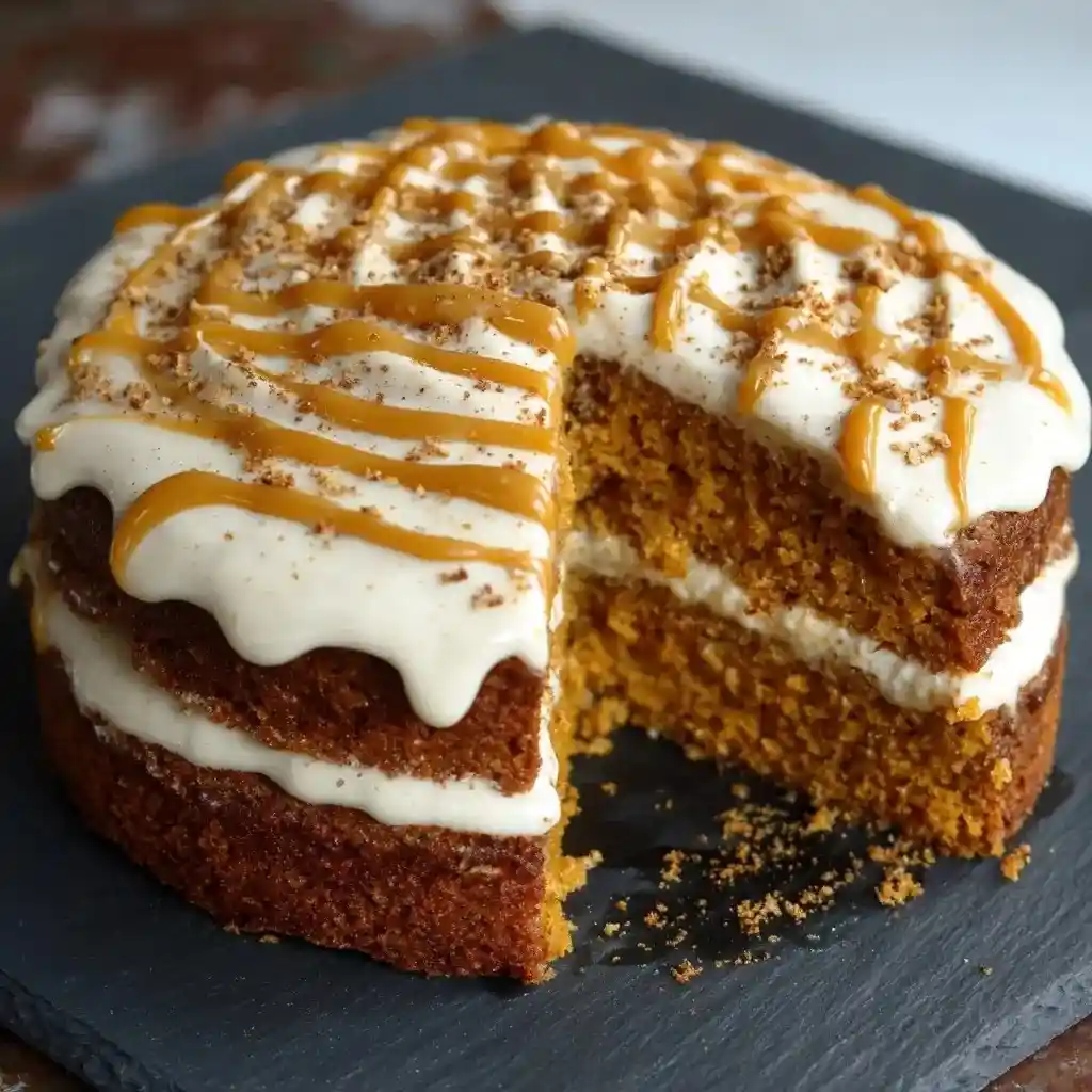 Two-layer vegan pumpkin cake with cream cheese frosting and caramel drizzle, sliced to show moist texture.