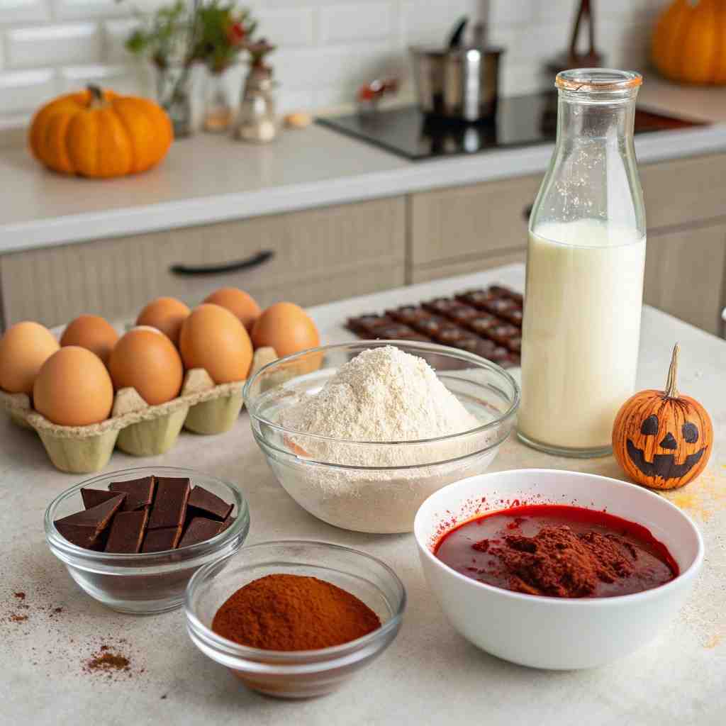 Halloween baking ingredients including eggs, flour, chocolate, cocoa, milk, and pumpkin decorations on a kitchen counter