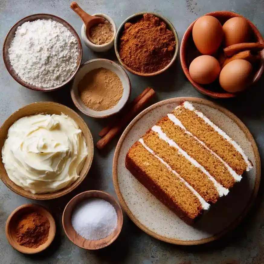 Pumpkin spice layer cake slice with cream cheese frosting, surrounded by baking ingredients like flour, spices, eggs, and cinnamon sticks.