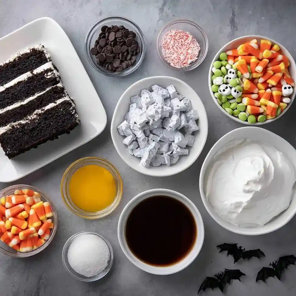 Overhead shot of Halloween cake ingredients including candy corn, chocolate chips, whipped cream, and a slice of layered chocolate cake.