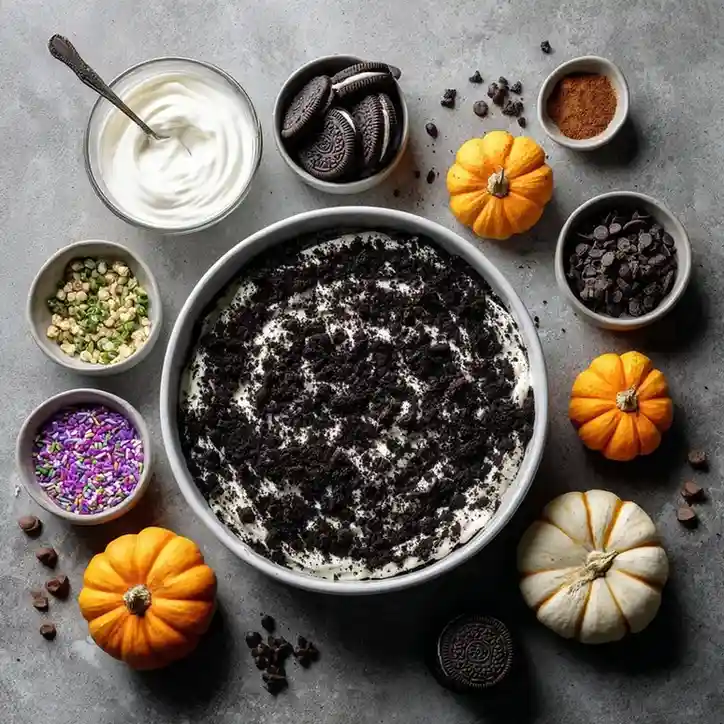 Overhead view of Oreo dirt cake recipe mixture in a bowl surrounded by Oreos, whipped cream, sprinkles, and mini pumpkins.