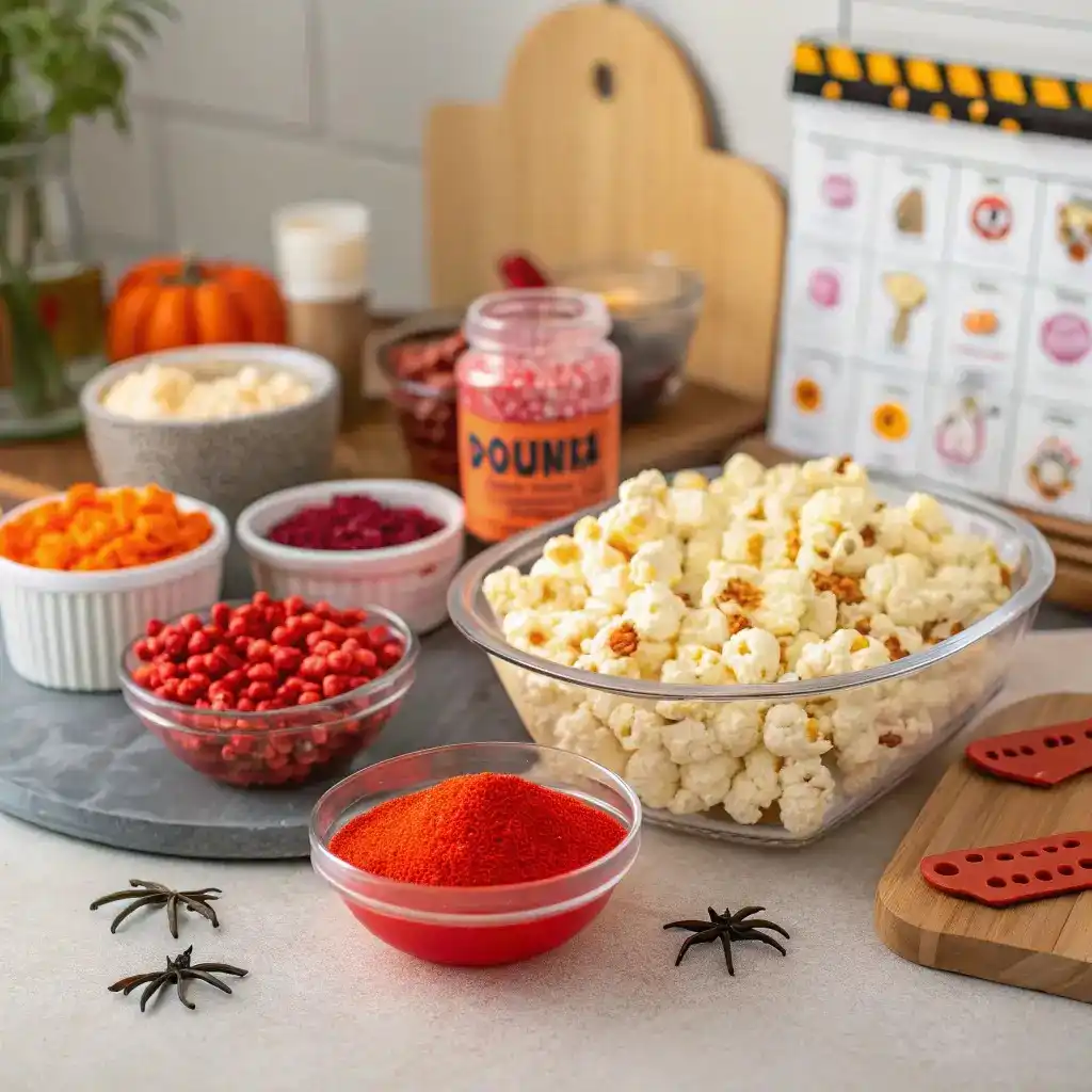 Halloween popcorn ingredients on a table with candy, red powder, and plastic spiders.