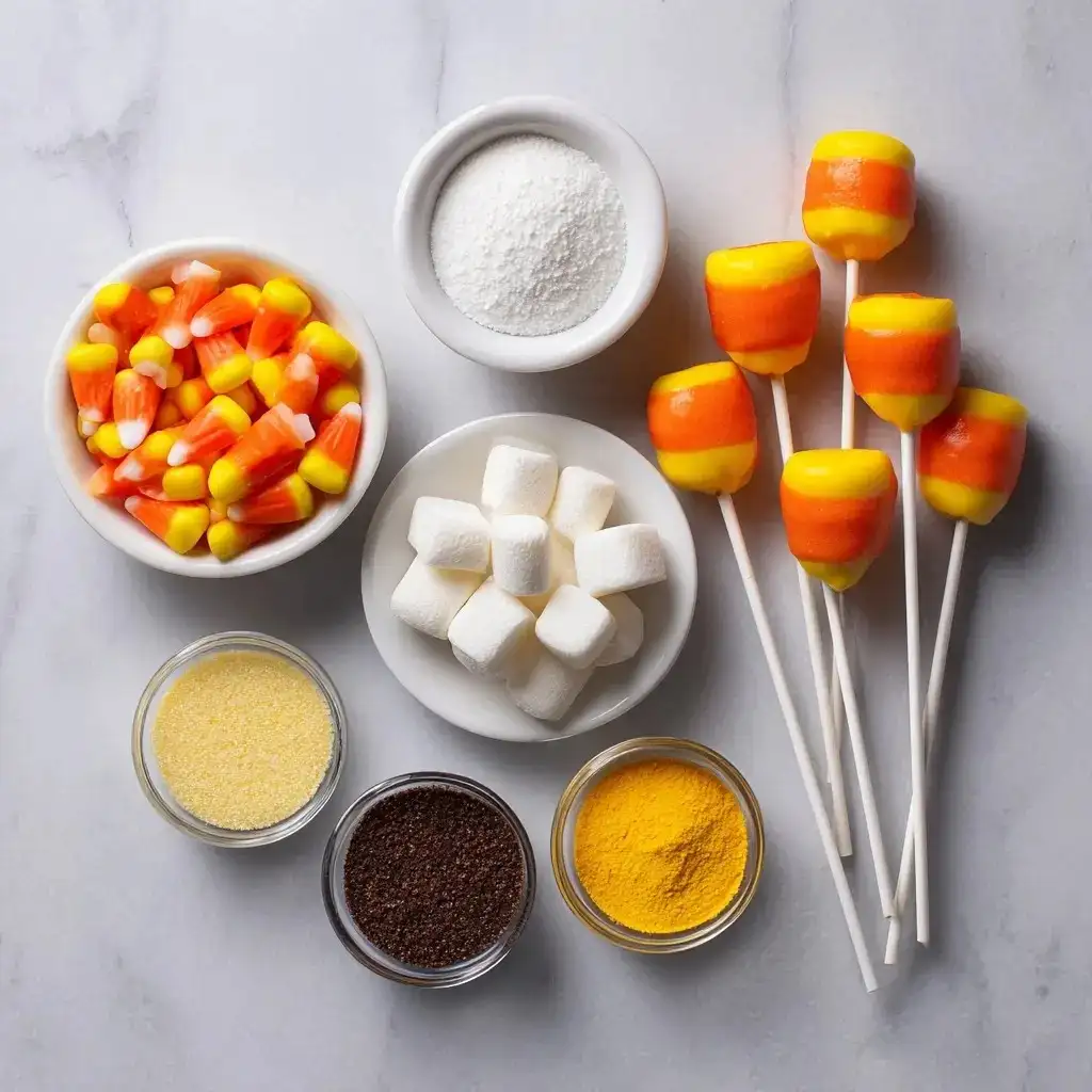 Candy corn cake pop ingredients including candy corn, marshmallows, sugar, and colorful powders displayed in bowls.