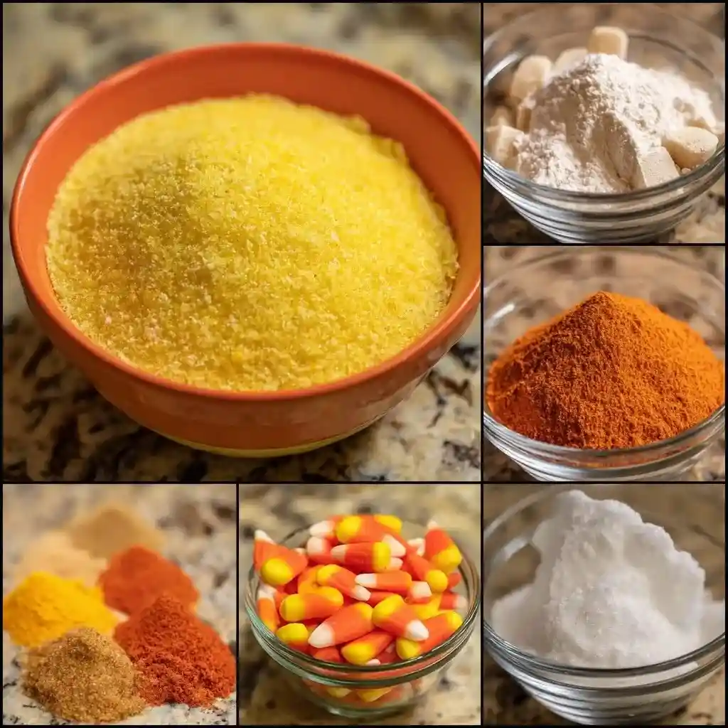 Baking ingredients for candy corn cake including flour, sugar, candy corn, and colorful spices displayed in small bowls.