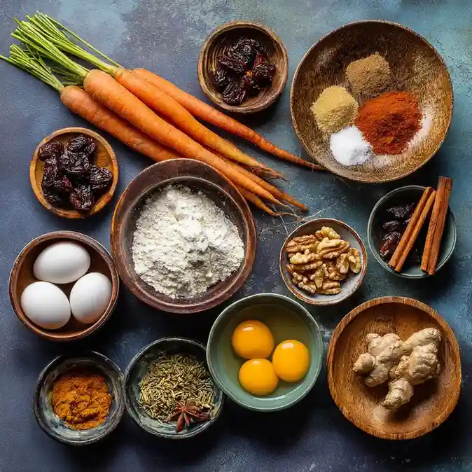 Overhead shot of carrot cake ingredients including fresh carrots, eggs, flour, walnuts, raisins, ginger, and warm spices.