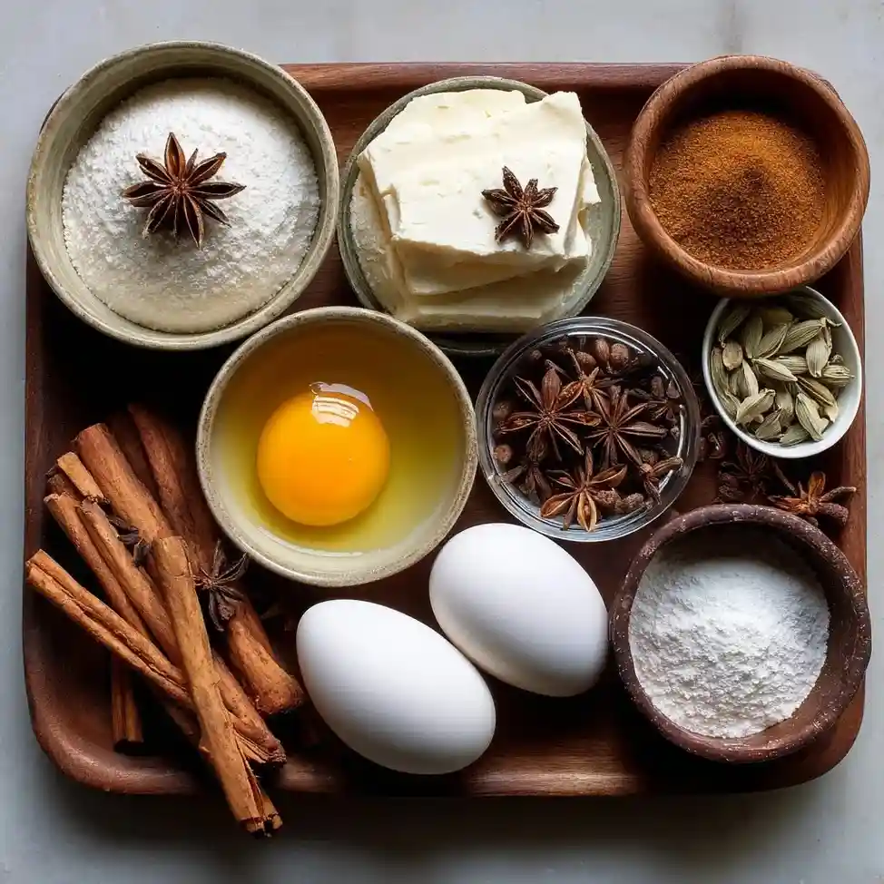 Chai spice cake ingredients including eggs, butter, cinnamon sticks, star anise, cardamom pods, and flour.
