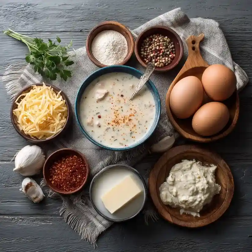 Flatlay of white chicken chili ingredients including eggs, cheese, butter, garlic, spices, and cream.