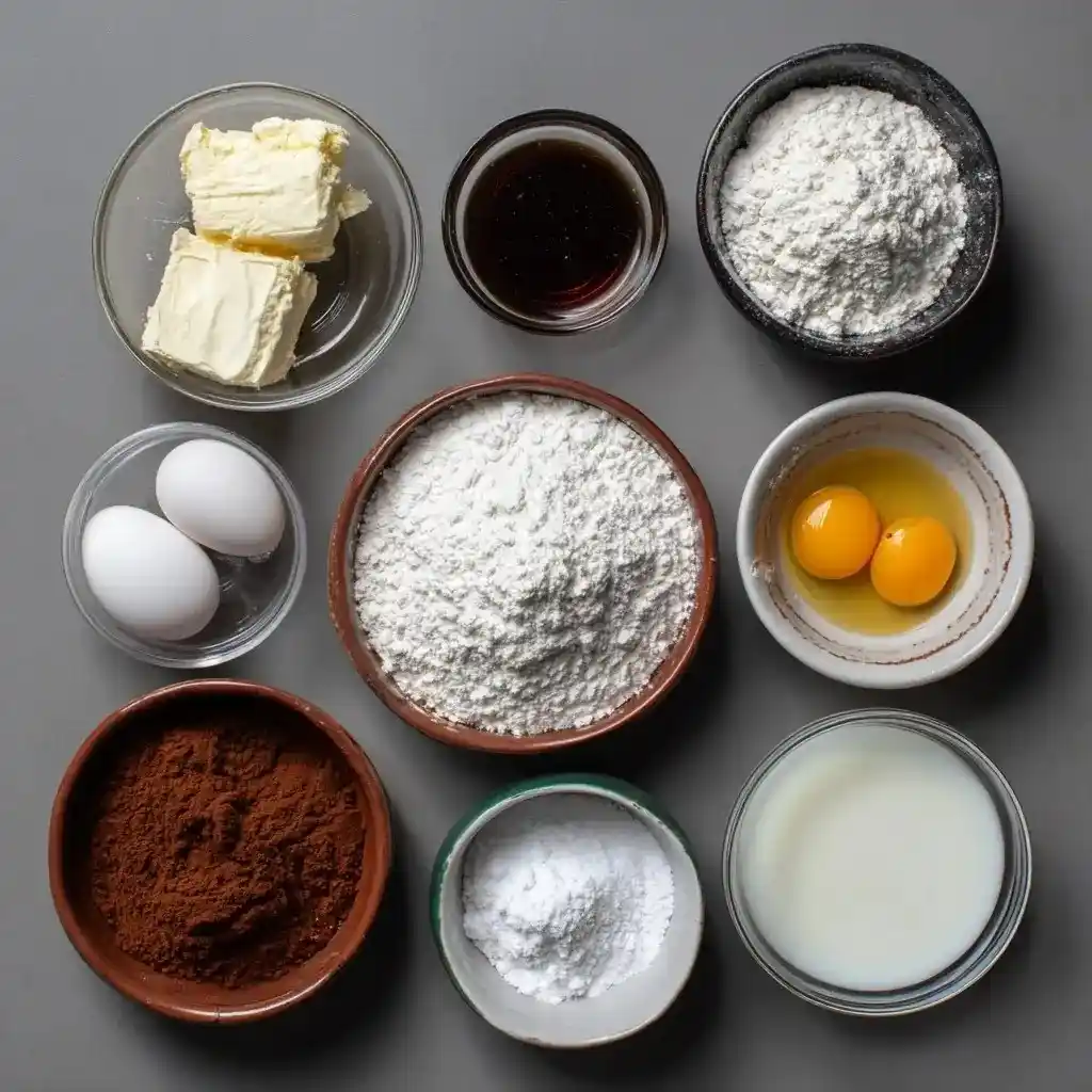 Baking ingredients for Ghost Cake including butter, flour, cocoa, eggs, sugar, and milk.