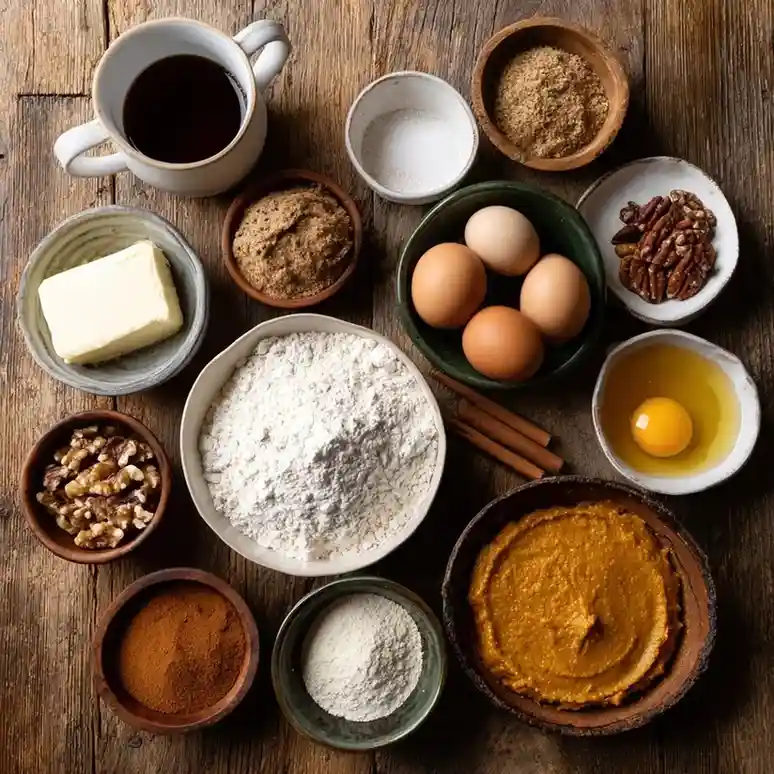 Flat-lay of baking ingredients for gluten free pumpkin coffee cake, including pumpkin puree, flour, eggs, nuts, butter, and cinnamon.