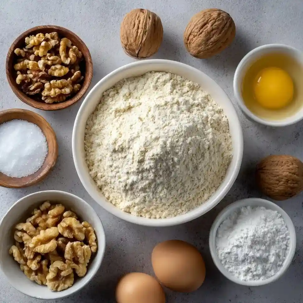 Overhead shot of baking ingredients for maple walnut cake, including flour, eggs, sugar, and walnuts arranged in bowls.