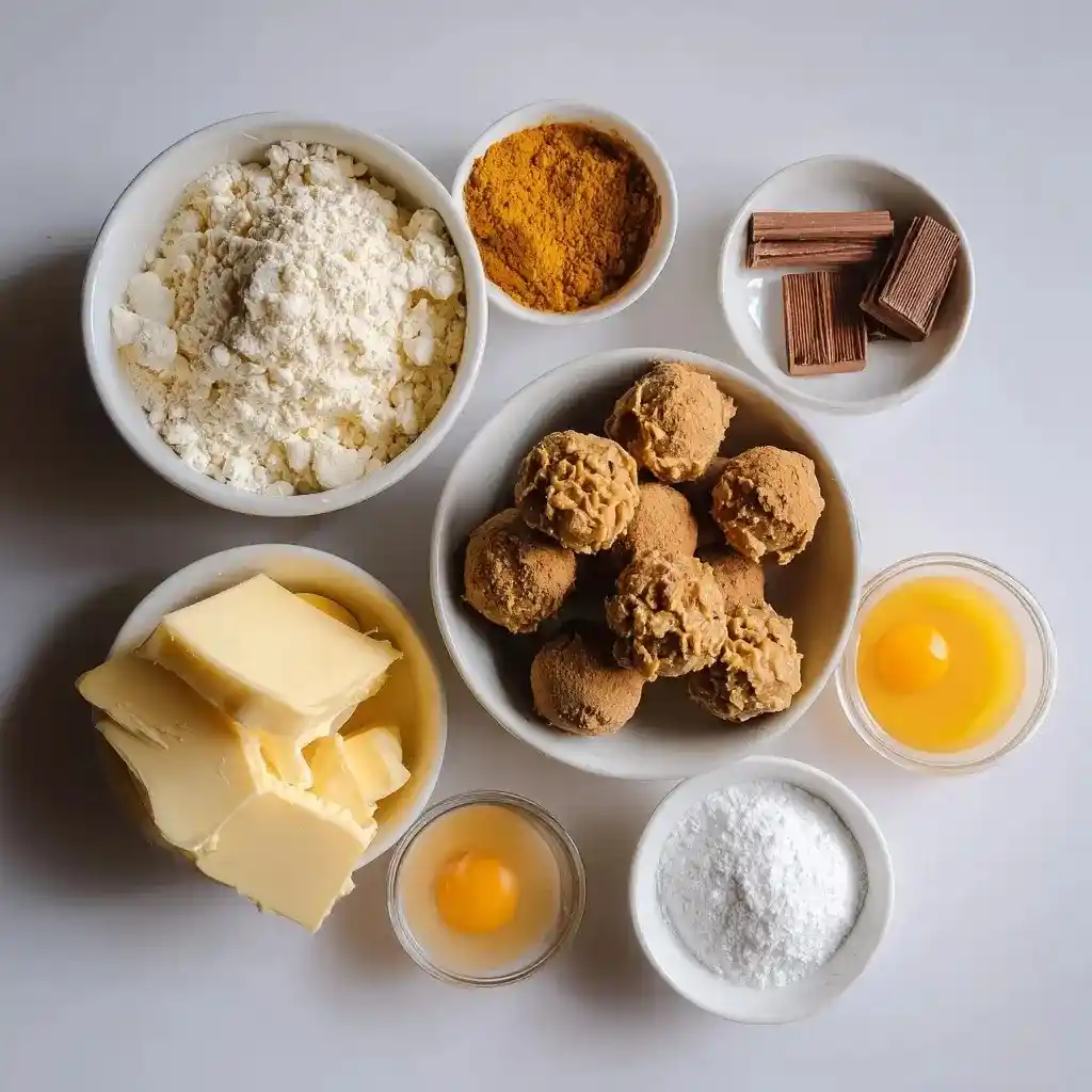 Baking ingredients for pumpkin cheesecake truffles including flour, butter, brown sugar, eggs, chocolate, and pumpkin spice arranged in bowls.