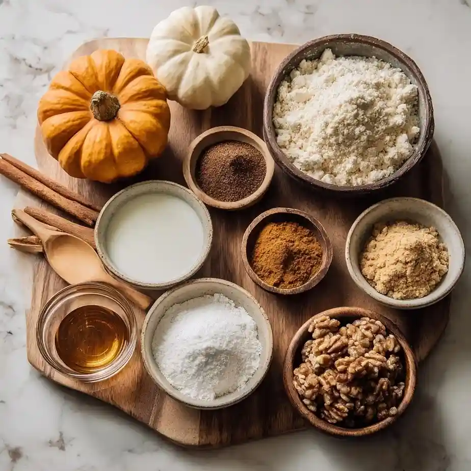 Overhead flat-lay of measured ingredients: flour, sugars, baking powder, baking soda, pumpkin spice, eggs, pumpkin purée, buttermilk, butter, vanilla, and streusel fixings.