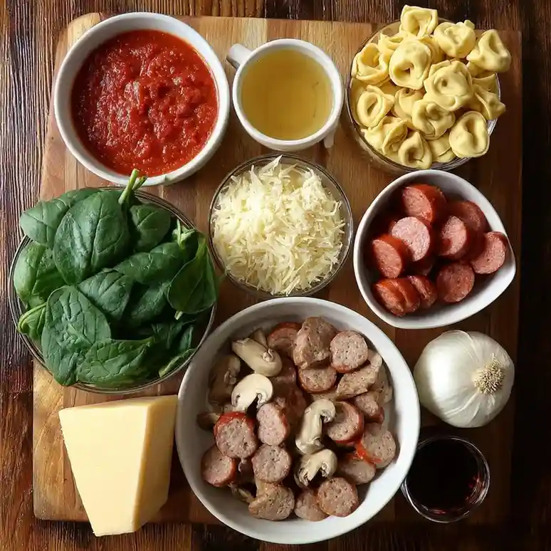Fresh ingredients for sausage and tortellini soup arranged on a wooden board.