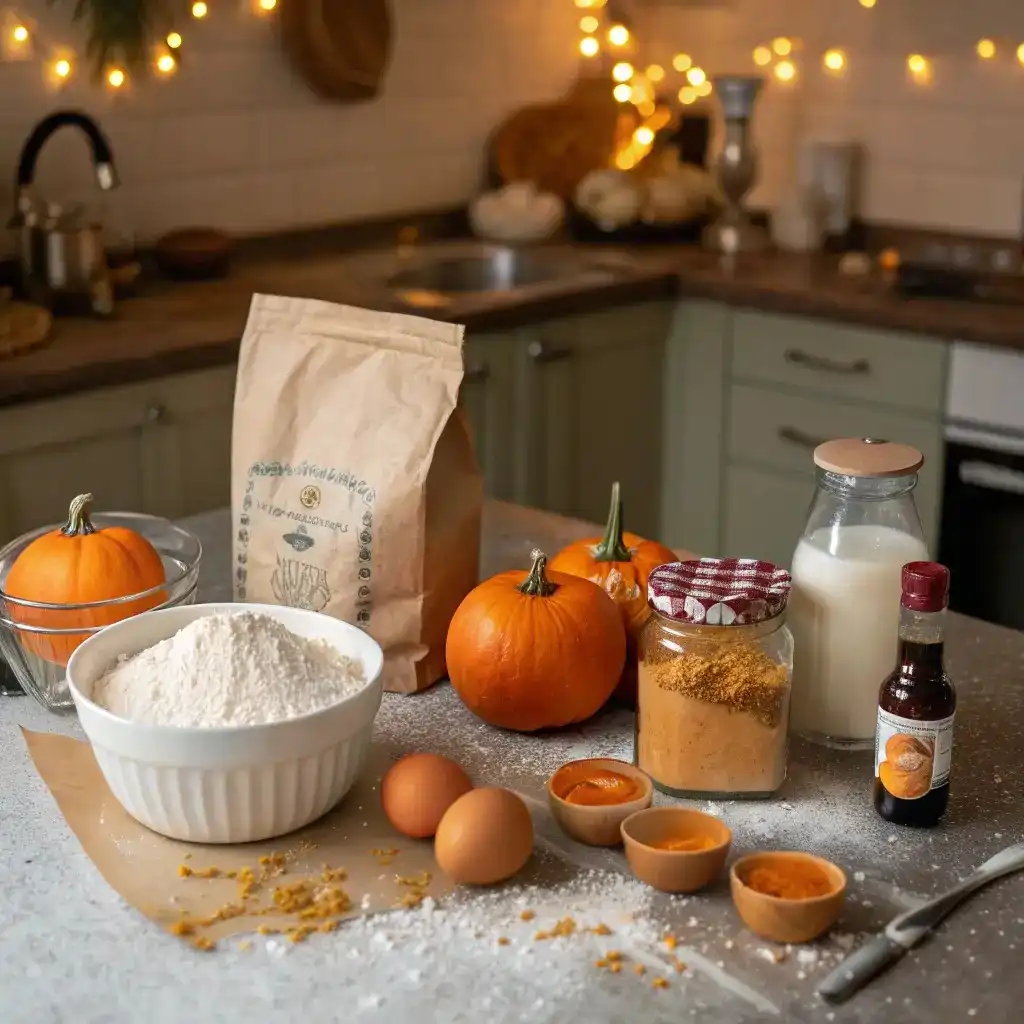 Baking ingredients for a simple Halloween cake, including flour, eggs, milk, vanilla, and pumpkins arranged on a cozy fall kitchen counter.