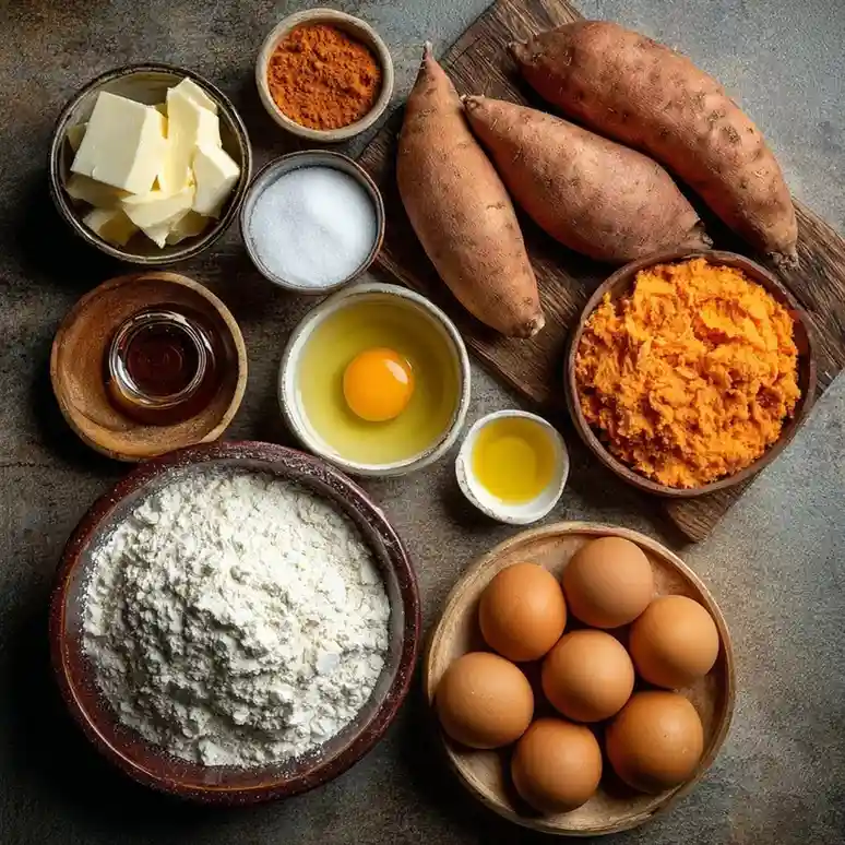 Baking ingredients for sweet potato pound cake, including flour, eggs, butter, sugar, and mashed sweet potatoes.