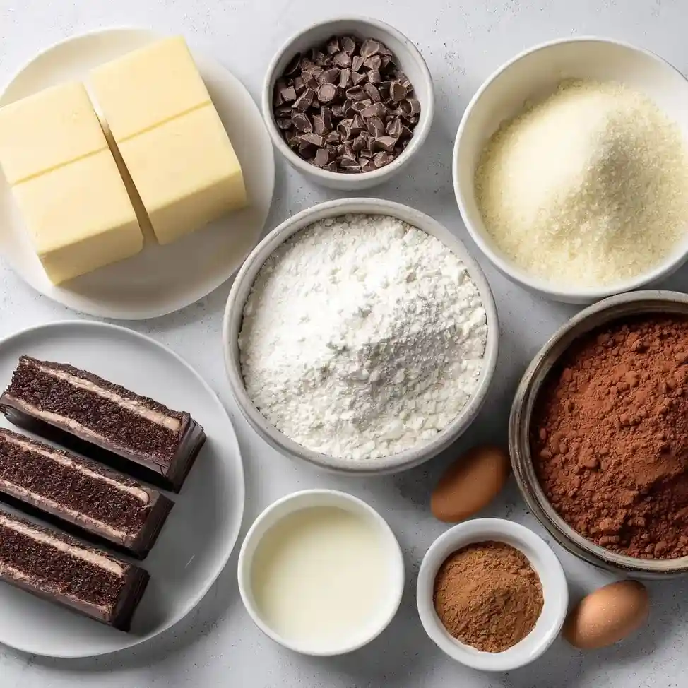 Overhead view of baking ingredients for a triple chocolate mousse cake, including butter, flour, cocoa powder, eggs, and chocolate chips.