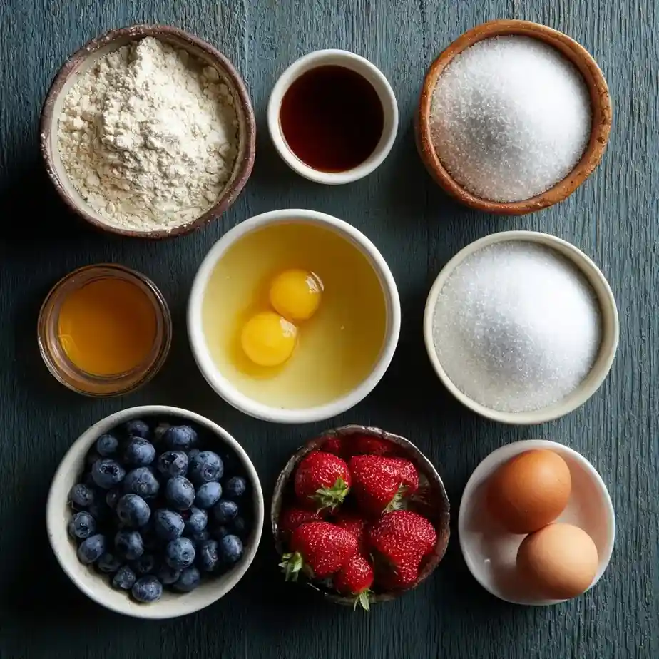 Baking ingredients for pineapple upside down cake recipe from scratch including flour, eggs, sugar, vanilla, strawberries, and blueberries arranged on a table.