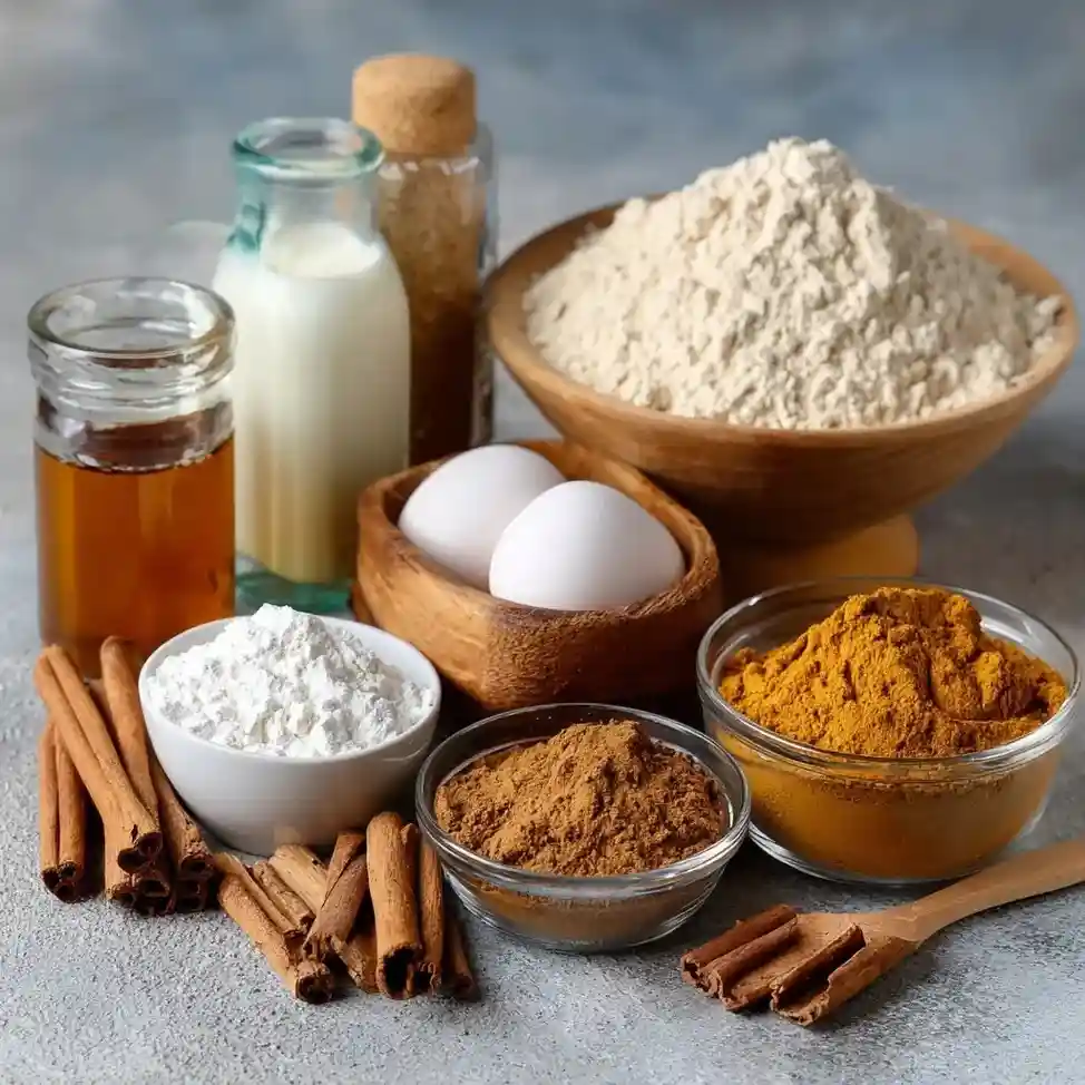 Baking ingredients for vegan pumpkin cake, including flour, cinnamon sticks, plant-based milk, spices, and sweeteners arranged on a table.