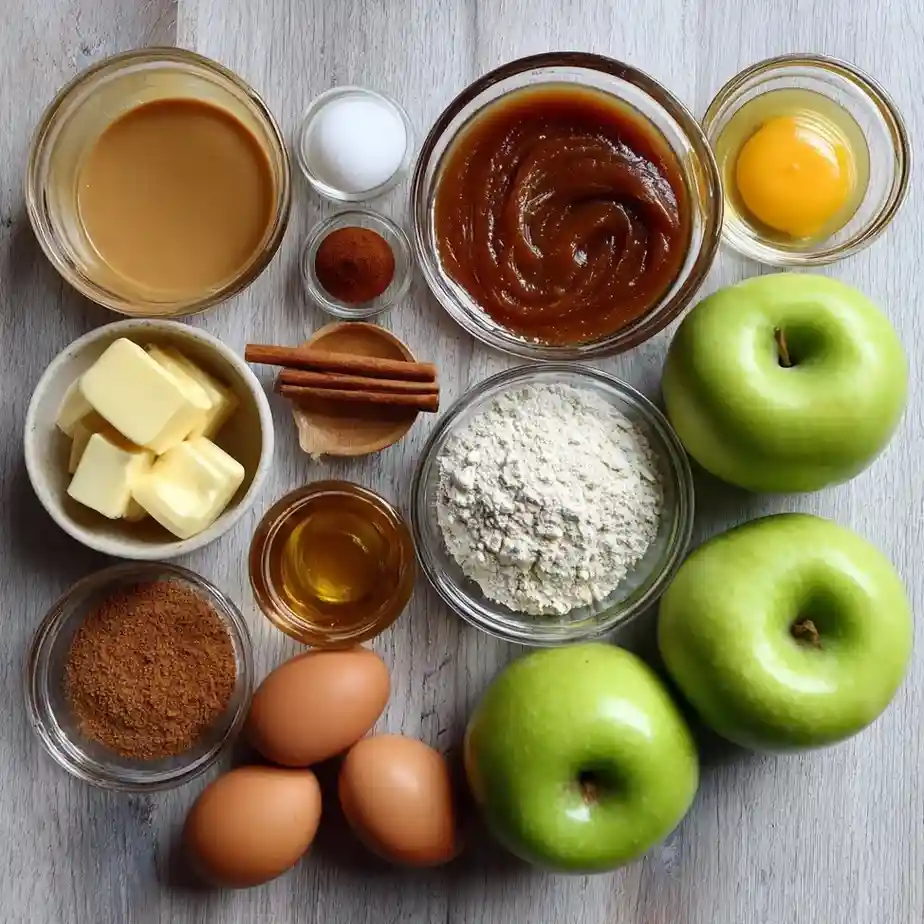 Overhead shot of caramel apple cake ingredients including green apples, eggs, flour, butter, caramel, and cinnamon sticks on a rustic table.