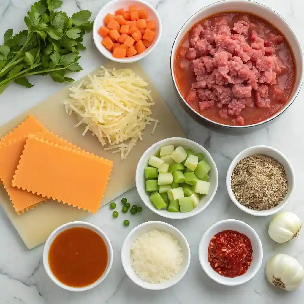 Flat lay of lasagna soup ingredients including ground meat, lasagna noodles, carrots, zucchini, cheese, tomato sauce, and seasonings.