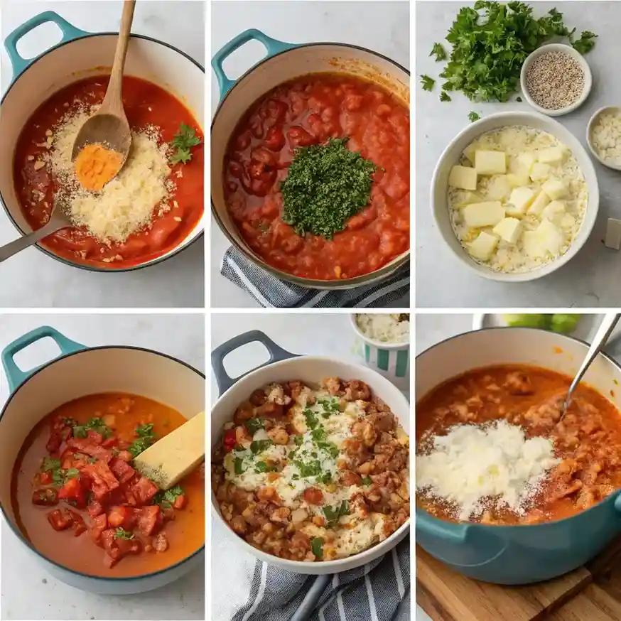 Step-by-step cooking process of lasagna soup showing simmering tomato sauce, herbs, meat, and cheese in a pot.