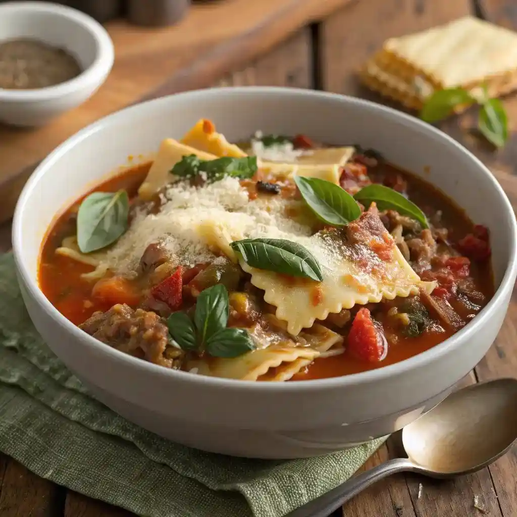 Delicious lasagna soup with lasagna noodles, ground meat, vegetables, and basil served in a white bowl.