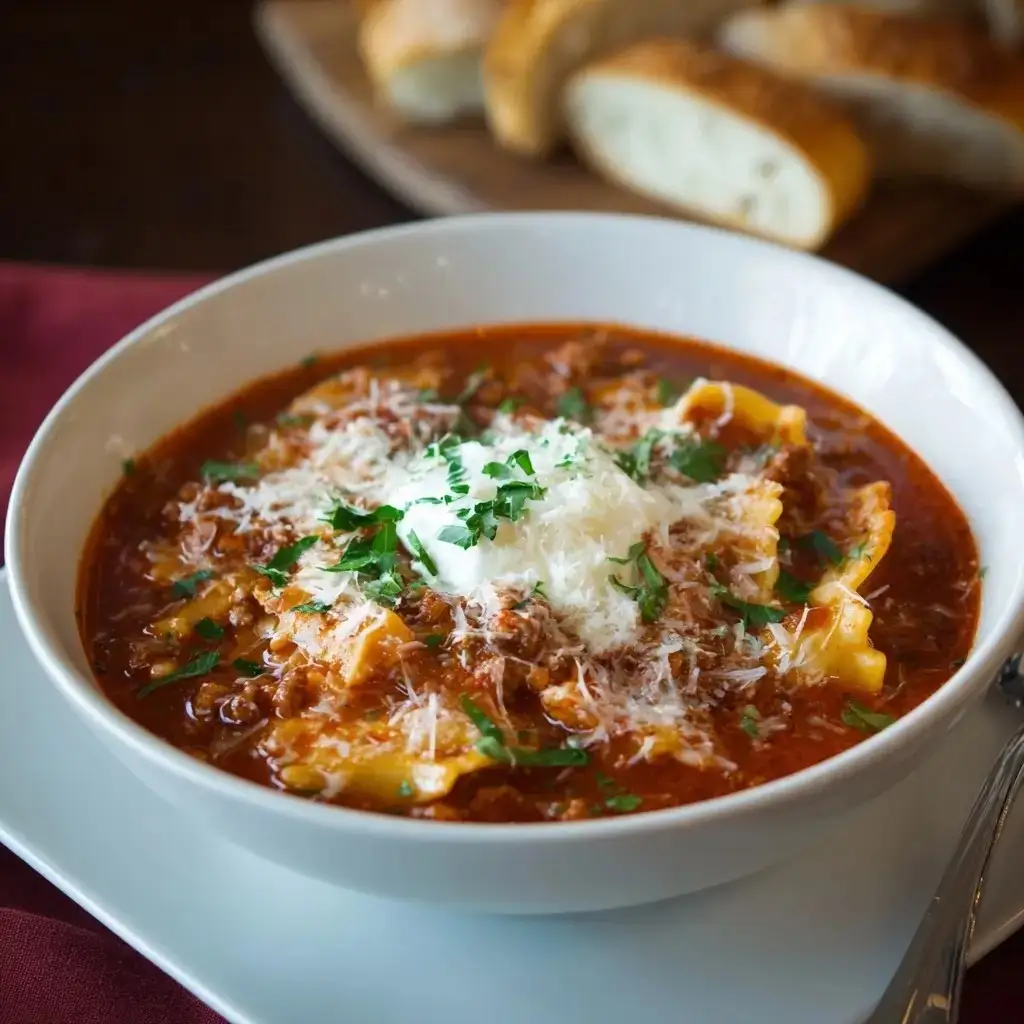 A close-up of hearty lasagna soup in a white bowl topped with ricotta, parsley, and parmesan cheese.