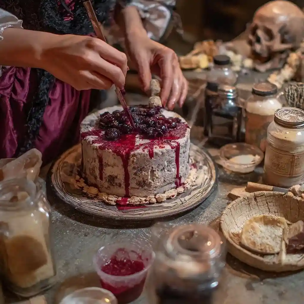 Hands decorating a spooky Halloween cake with dripping red berry sauce and fresh blackberries on top.