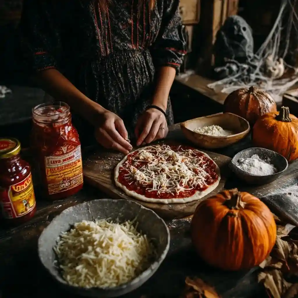 Person preparing a homemade Halloween pizza with shredded cheese, tomato sauce, and pumpkins on a rustic table.