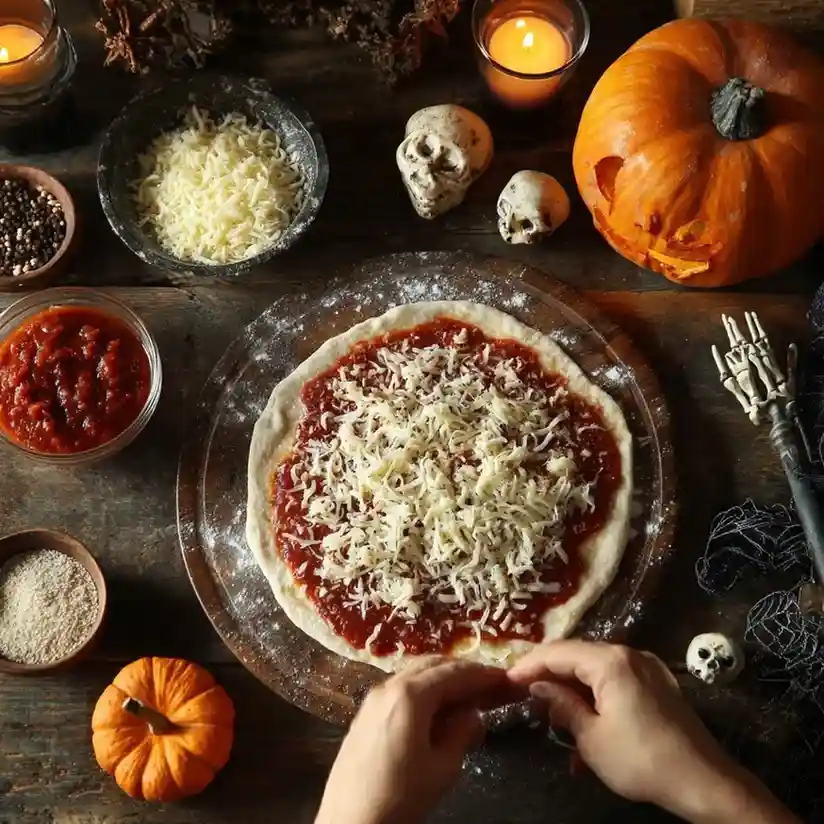 Homemade pizza being prepared on a rustic table with cheese, tomato sauce, pumpkins, skulls, and candles.