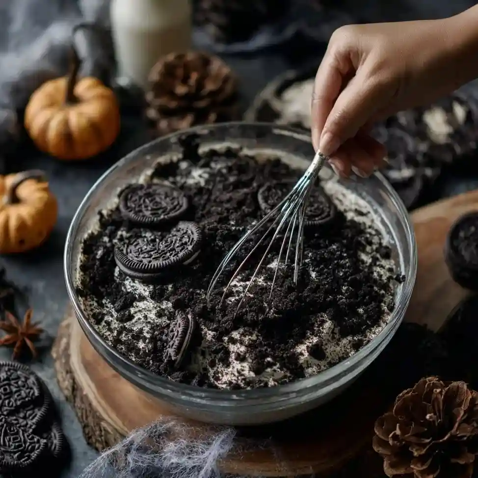 Hand mixing Oreo dirt cake recipe in a glass bowl with whole Oreos on top, surrounded by pumpkins and pinecones.