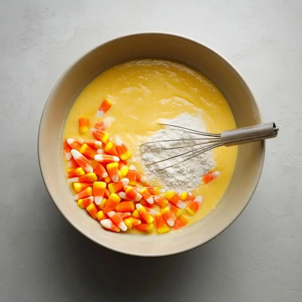 Bowl of cake batter being mixed with flour and candy corn pieces using a whisk.