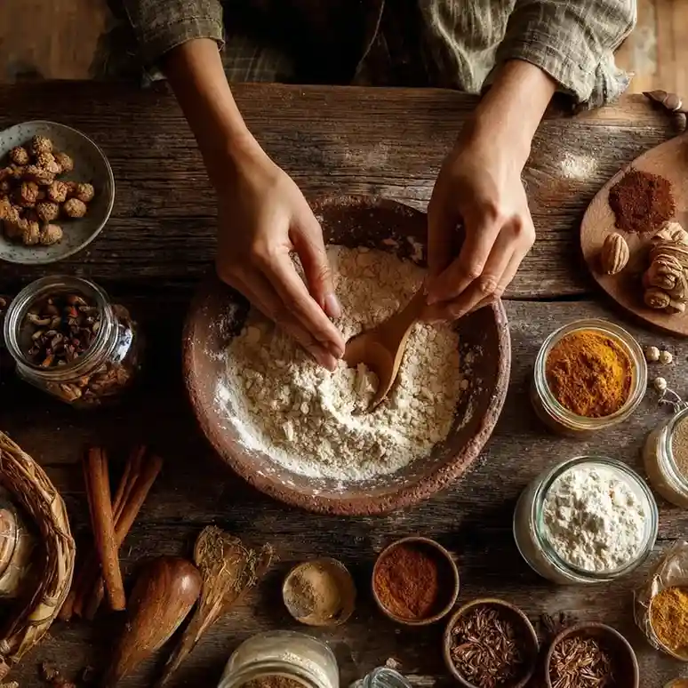 Hands mixing flour and chai spices in a rustic wooden bowl for chai spice cake batter.