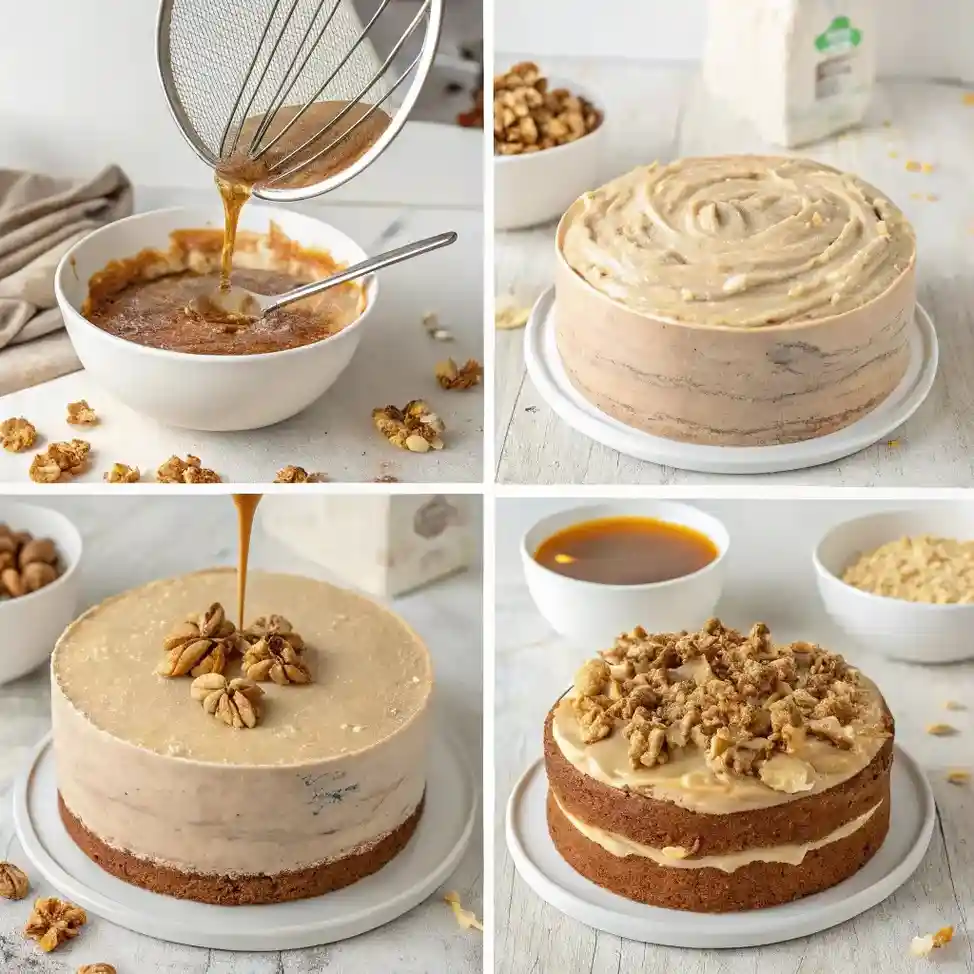 Step-by-step process of making maple walnut cake, from mixing batter to frosting and decorating with maple glaze.