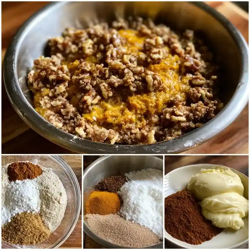 Whisk aerating flour with baking powder, baking soda, pumpkin spice, and salt in a metal bowl.