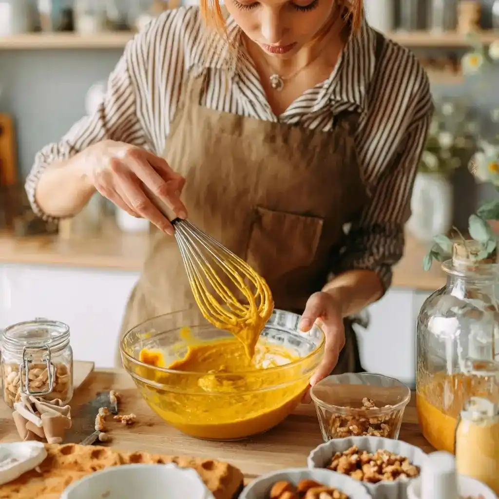Person whisking bright orange pumpkin batter in a glass bowl surrounded by nuts and baking ingredients.